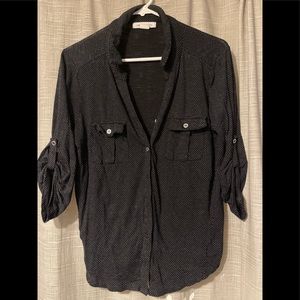 Black & White Polka Dot Botton Down Shirt Large with 3 quarter length sleeves